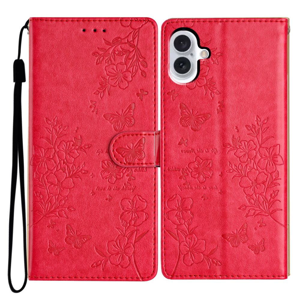 (Iphone 17, ) For Iphone 17 Wallet Phone Case Butterfly Floral Imprint Leather Flip Cover With Strap Red 6914283292899