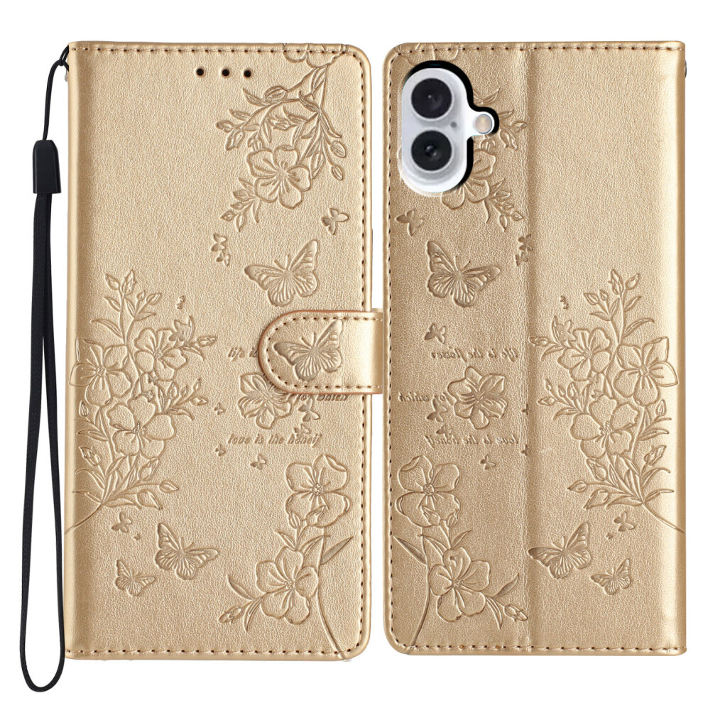 (Iphone 17, ) For Iphone 17 Wallet Phone Case Butterfly Floral Imprint Leather Flip Cover With Strap Gold 6914285244742
