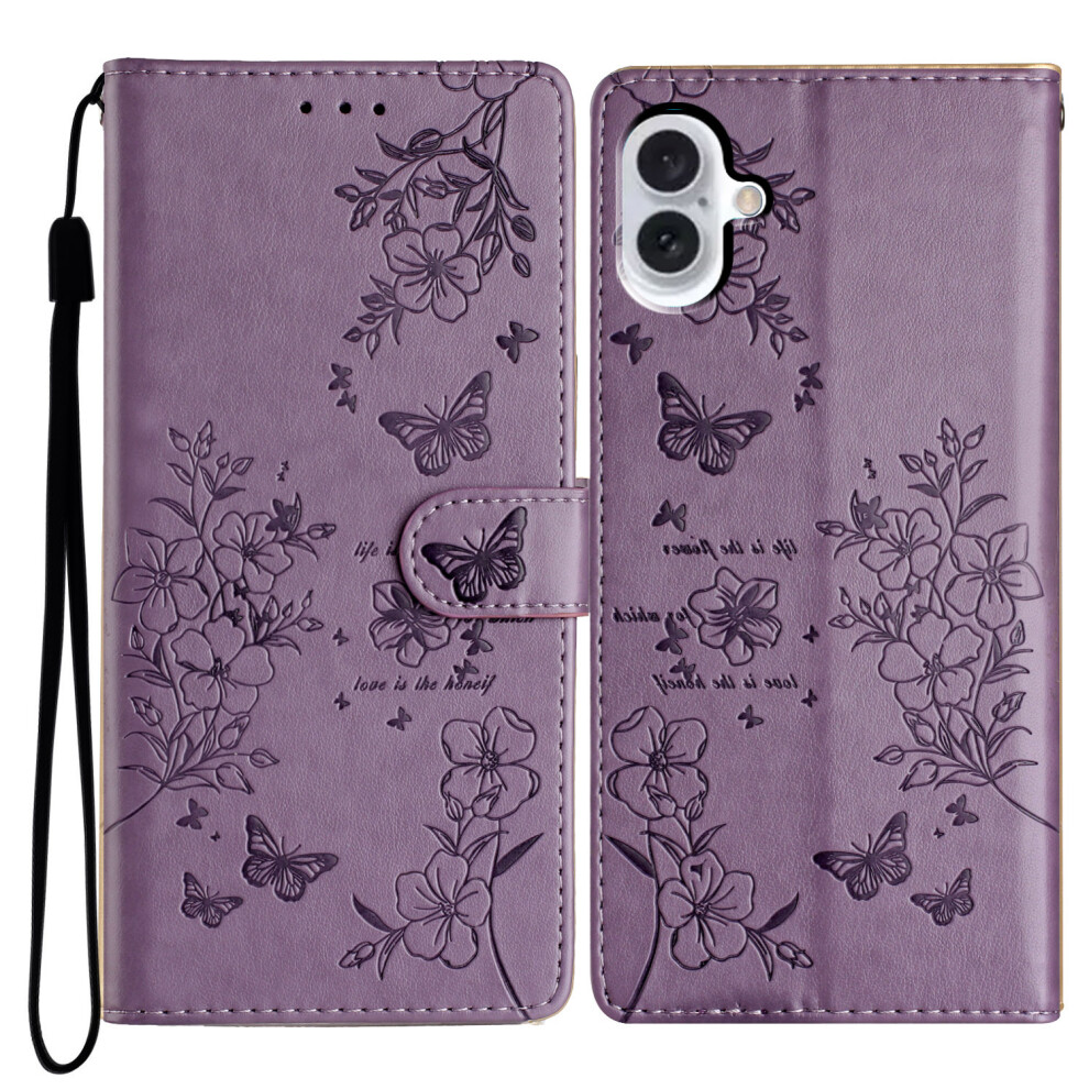 (Iphone 17, ) For Iphone 17 Wallet Phone Case Butterfly Floral Imprint Leather Flip Cover With Strap Purple 6914284929091
