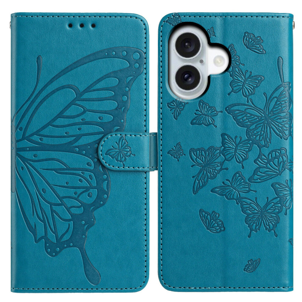 (Iphone 17, ) For Iphone 17 Case Butterfly Imprinted Wallet Stand Pu Leather Flip Phone Cover With Strap Blue 6914280136936