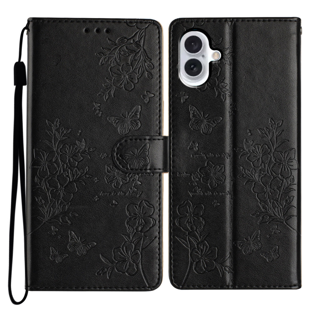 (Iphone 17, ) For Iphone 17 Wallet Phone Case Butterfly Floral Imprint Leather Flip Cover With Strap Black 6914283135929