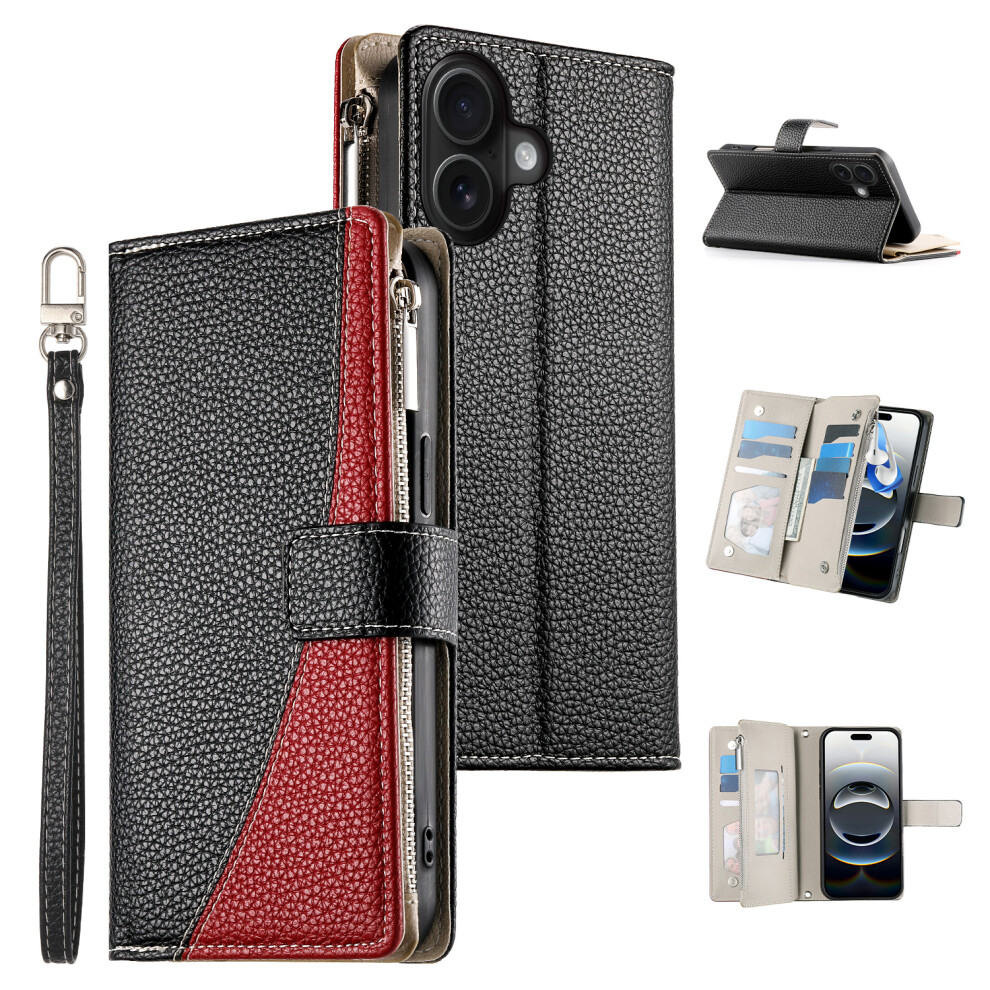 (Iphone 16, ) For Iphone 16 Case Zipper Pocket Wallet Color Splicing Leather Flip Phone Cover With Straps Black 6914285549977