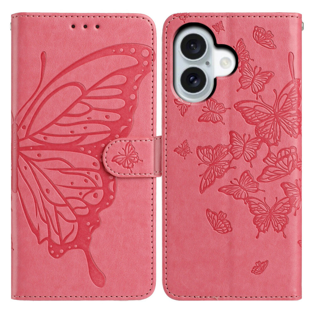 (Iphone 17, Rose) For Iphone 17 Case Butterfly Imprinted Wallet Stand Pu Leather Flip Phone Cover With Strap 6914280229010