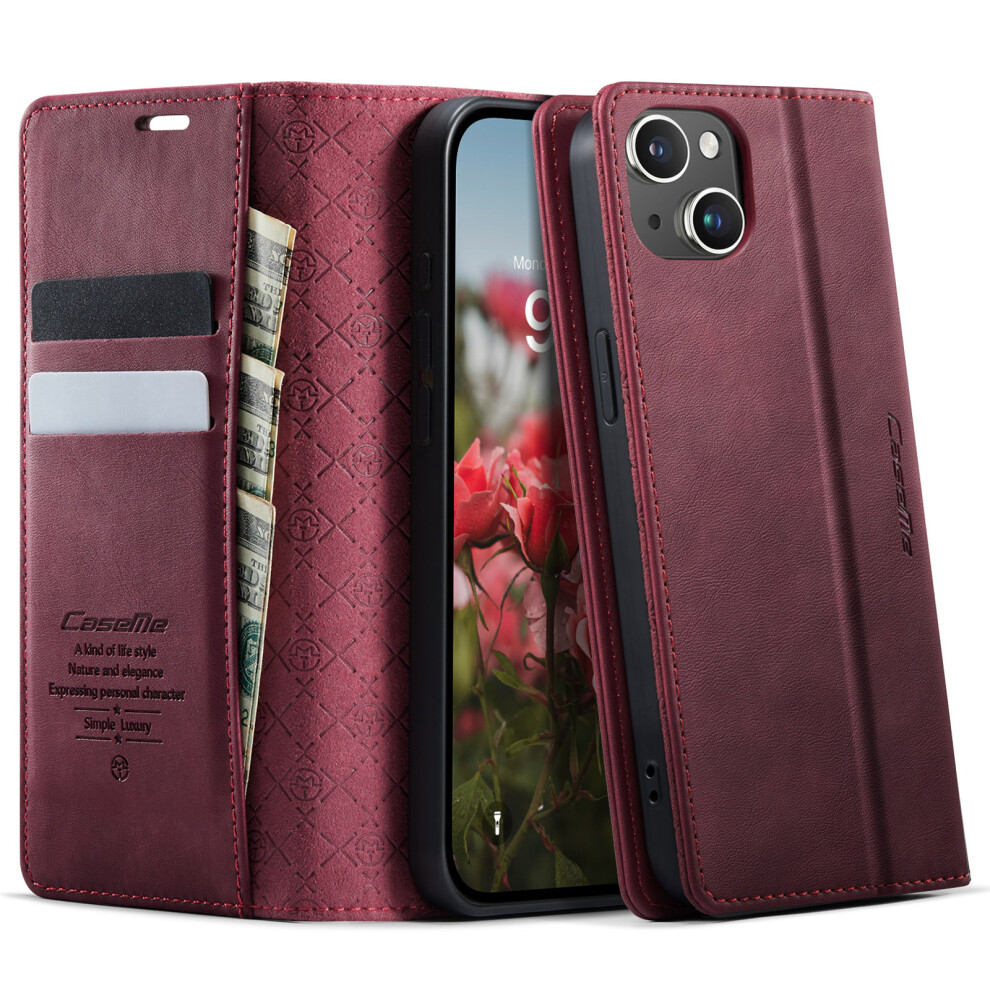 (Iphone 15, ) For Iphone 15 Case Caseme 033 Series Rfid Blocking Wallet Stand Calf Texture Leather Phone Cover Red 6914281884256