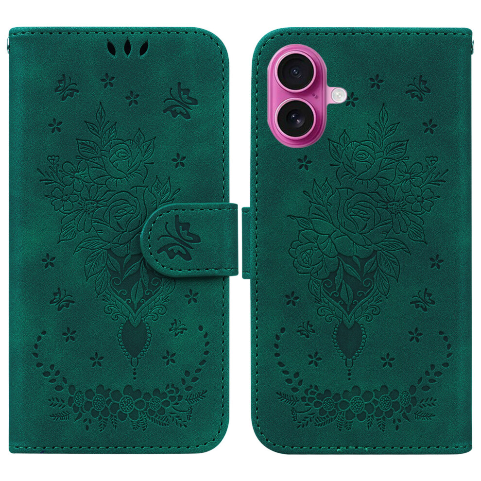 (Iphone 17, ) For Iphone 17 Case Pu Leather Wallet Phone Cover Butterfly Flower Imprint With Strap Green 6914283658206