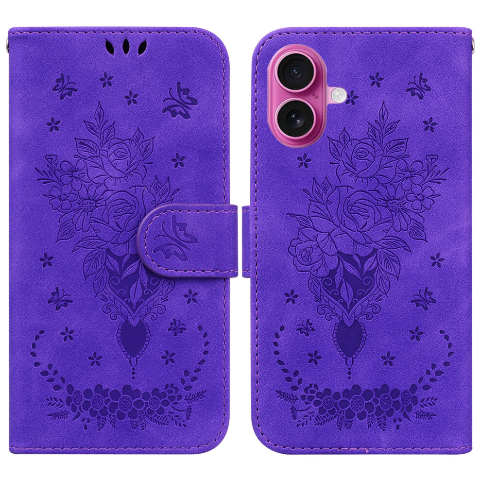 (Iphone 17, ) For Iphone 17 Case Pu Leather Wallet Phone Cover Butterfly Flower Imprint With Strap Purple 6914289551945