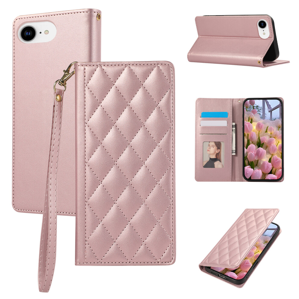 (Iphone 16E, Rose ) For Iphone 16E Case Rfid Blocking Wallet Stand Rhombus Leather Phone Cover With Wrist Strap Gold 6914281238110