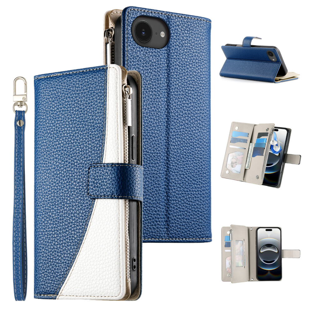 (Iphone 16E, Dark ) For Iphone 16E Case Zipper Pocket Wallet Color Splicing Leather Flip Phone Cover With Straps Blue 6914281564769