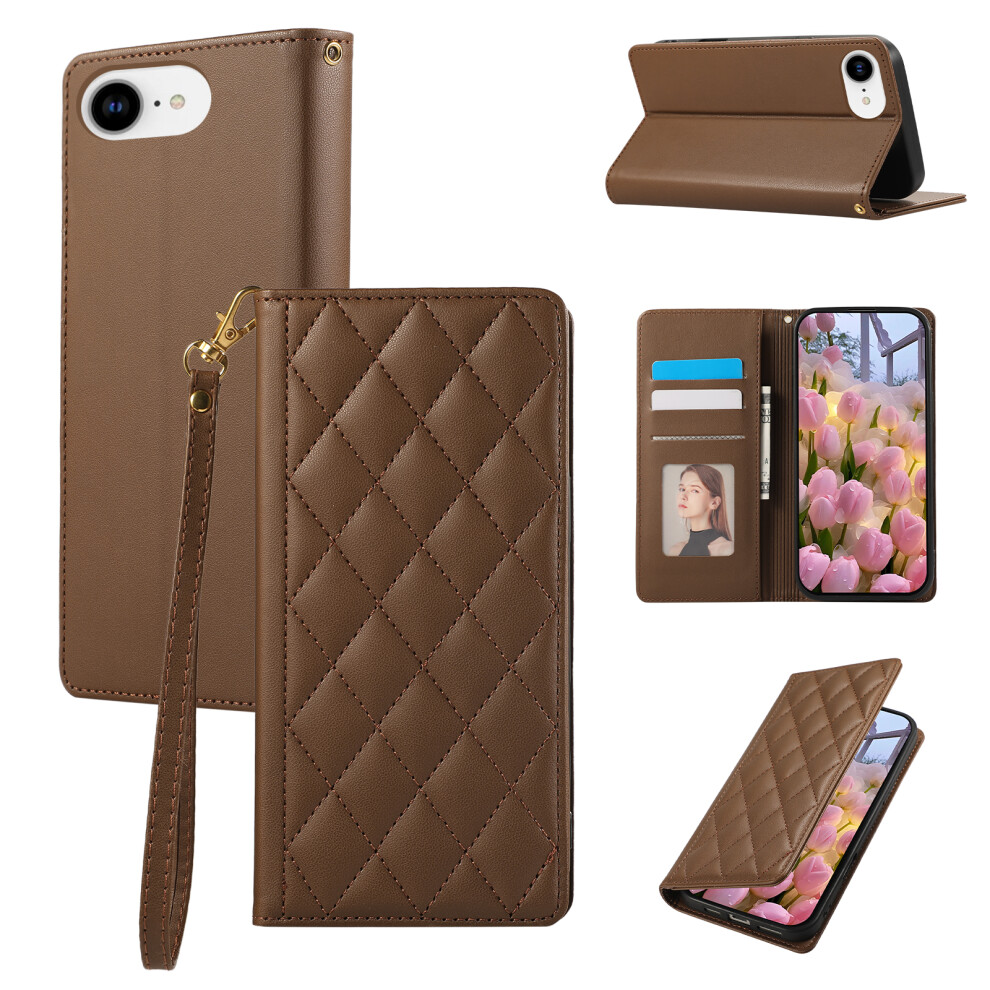 (Iphone 16E, ) For Iphone 16E Case Rfid Blocking Wallet Stand Rhombus Leather Phone Cover With Wrist Strap Brown 6914280377124