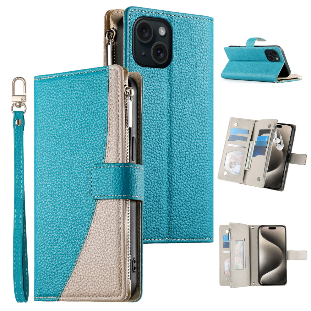 (iPhone 15, Lake Blue) For iPhone 15 Case Zipper Pocket Wallet Color Splicing Leather Flip Phone Cover with Straps