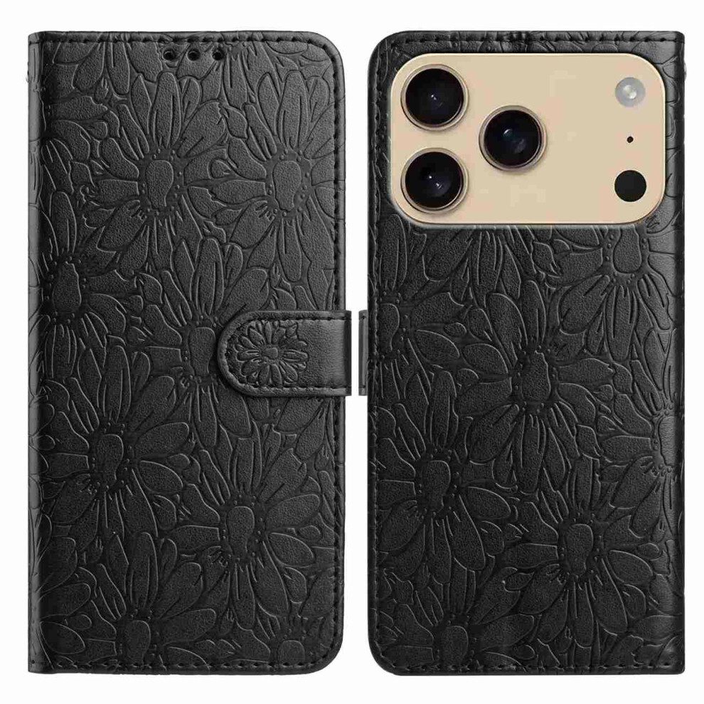 (Iphone 17 Pro, ) For Iphone 17 Pro Leather Case Daisy Imprint Wallet Stand Phone Protective Cover Black 6914287688520