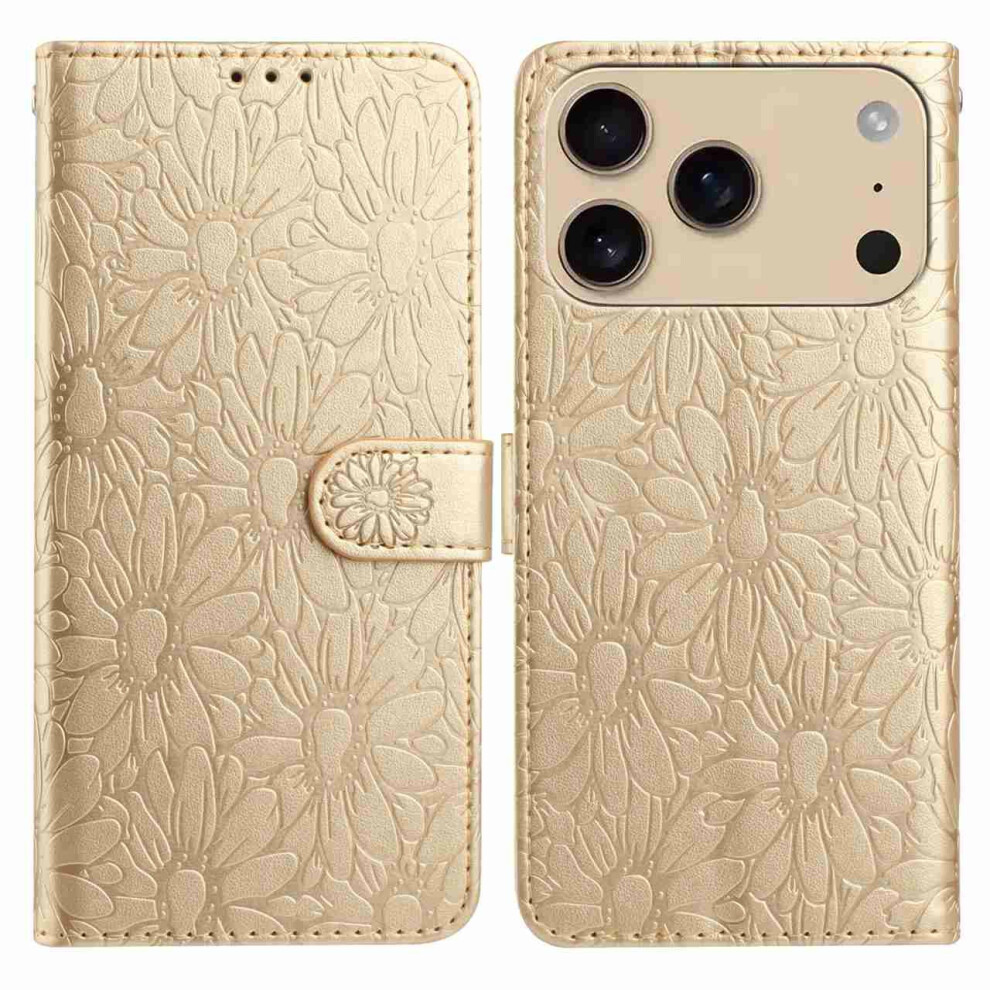(Iphone 17 Pro, ) For Iphone 17 Pro Leather Case Daisy Imprint Wallet Stand Phone Protective Cover Gold 6914288377690