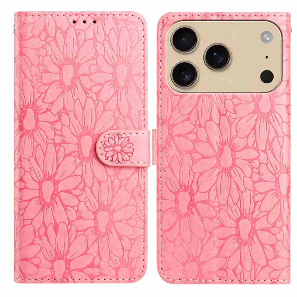 (Iphone 17 Pro, ) For Iphone 17 Pro Leather Case Daisy Imprint Wallet Stand Phone Protective Cover Pink 6914288560573