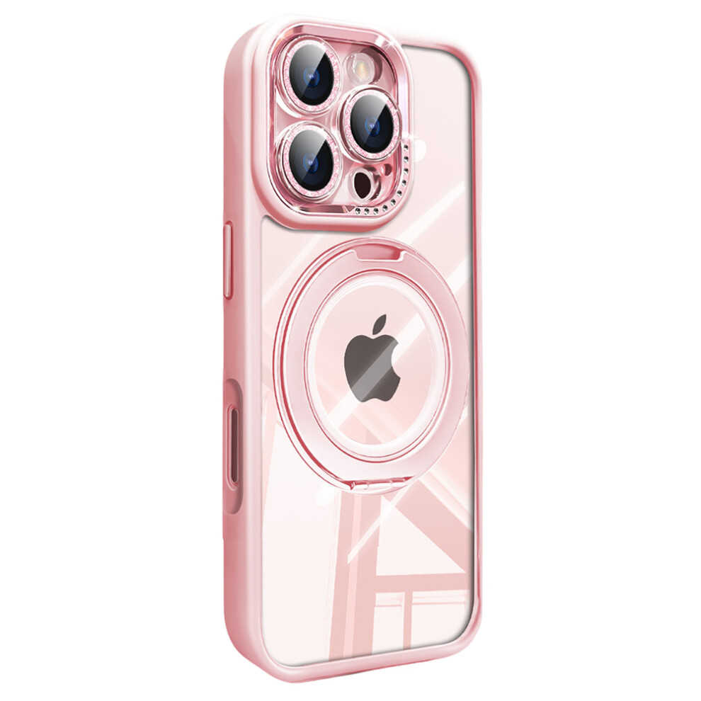 (Iphone 16 Pro, ) For Iphone 16 Pro Case Magnetic Rotating Kickstand Pc+Tpu Phone Cover With Glitter Camera Lens Film Pink 6914288209243