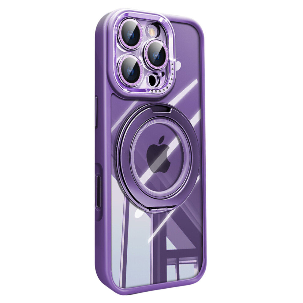 (Iphone 16 Pro, ) For Iphone 16 Pro Case Magnetic Rotating Kickstand Pc+Tpu Phone Cover With Glitter Camera Lens Film Purple 6914284765569