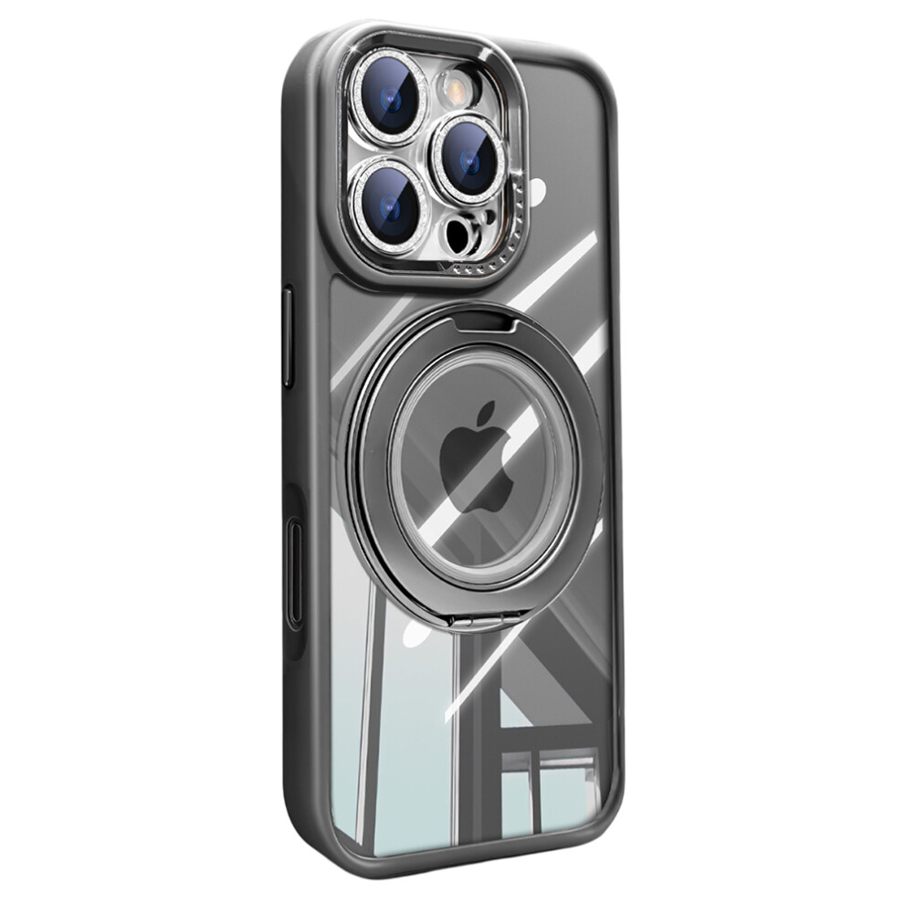 (Iphone 16 Pro, ) For Iphone 16 Pro Case Magnetic Rotating Kickstand Pc+Tpu Phone Cover With Glitter Camera Lens Film Grey 6914284908058