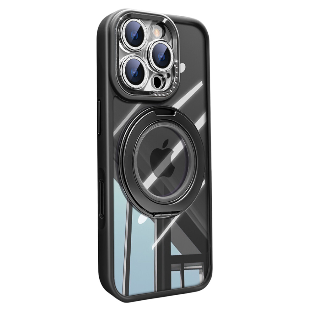 (Iphone 16 Pro, ) For Iphone 16 Pro Case Magnetic Rotating Kickstand Pc+Tpu Phone Cover With Glitter Camera Lens Film Black 6914288353618