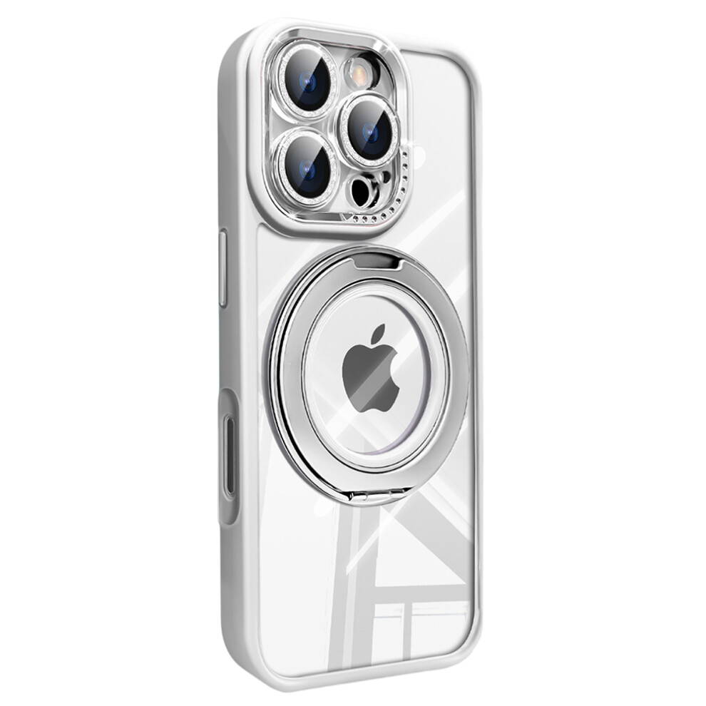 (Iphone 16 Pro, ) For Iphone 16 Pro Case Magnetic Rotating Kickstand Pc+Tpu Phone Cover With Glitter Camera Lens Film White 6914287961081