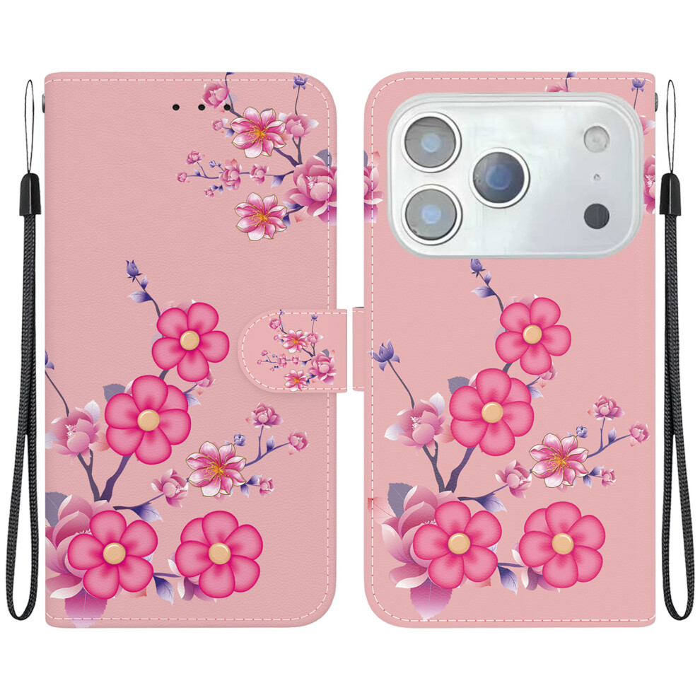 (Iphone 17 Pro, Sakura) For Iphone 17 Pro Wallet Phone Case Anti-Drop Leather Flip Cover Pattern Printing With Strap 6914288512718
