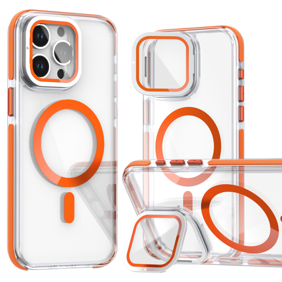 (Iphone 15 Pro Max, ) For Iphone 15 Pro Max Magnetic Case Tpu Acrylic Clear Phone Back Cover With Lens Protector Kickstand Orange 6914283686902