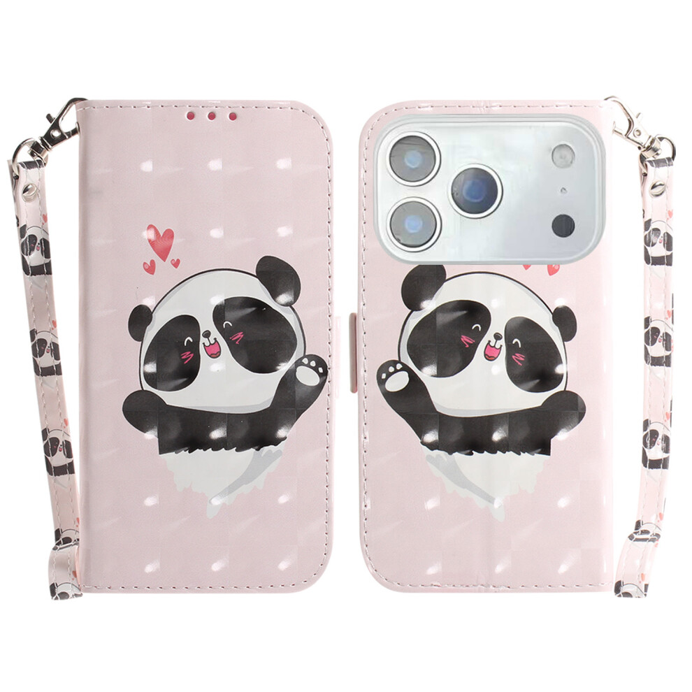 (Iphone 17 Pro Max, Love Heart Panda) For Iphone 17 Pro Max Case Pattern Printing Leather Wallet Phone Cover With Wrist Strap 6914283727865