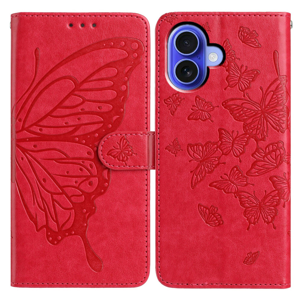(Iphone 16, ) For Iphone 16 Case Butterfly Imprinted Wallet Stand Pu Leather Flip Phone Cover With Strap Red 6914288882736