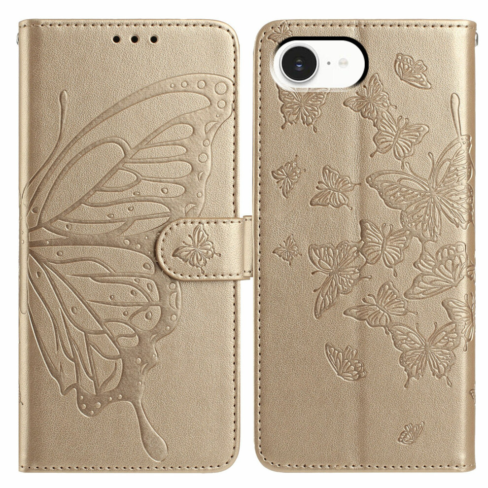 (Iphone 16E, ) For Iphone 16E Case Butterfly Imprinted Wallet Stand Pu Leather Flip Phone Cover With Strap Gold 6914285021817