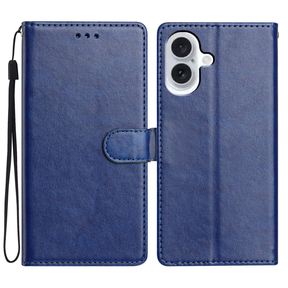 (Iphone 17, ) For Iphone 17 Leather Case Wallet Stand Phone Cover With Handy Strap Blue 6914287381162