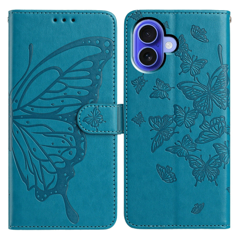 (Iphone 16, ) For Iphone 16 Case Butterfly Imprinted Wallet Stand Pu Leather Flip Phone Cover With Strap Blue 6914282562542