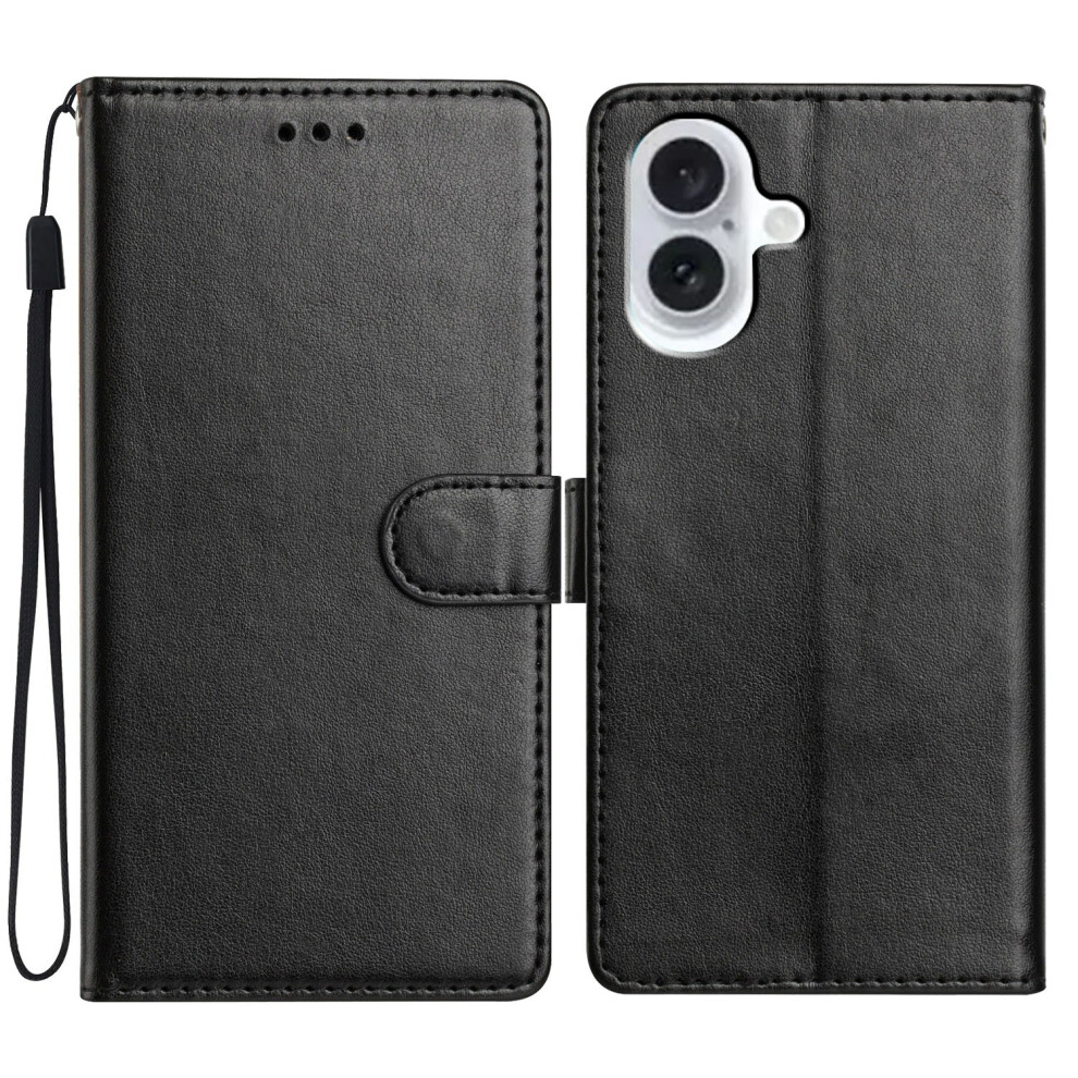 (Iphone 17, ) For Iphone 17 Leather Case Wallet Stand Phone Cover With Handy Strap Black 6914289333015