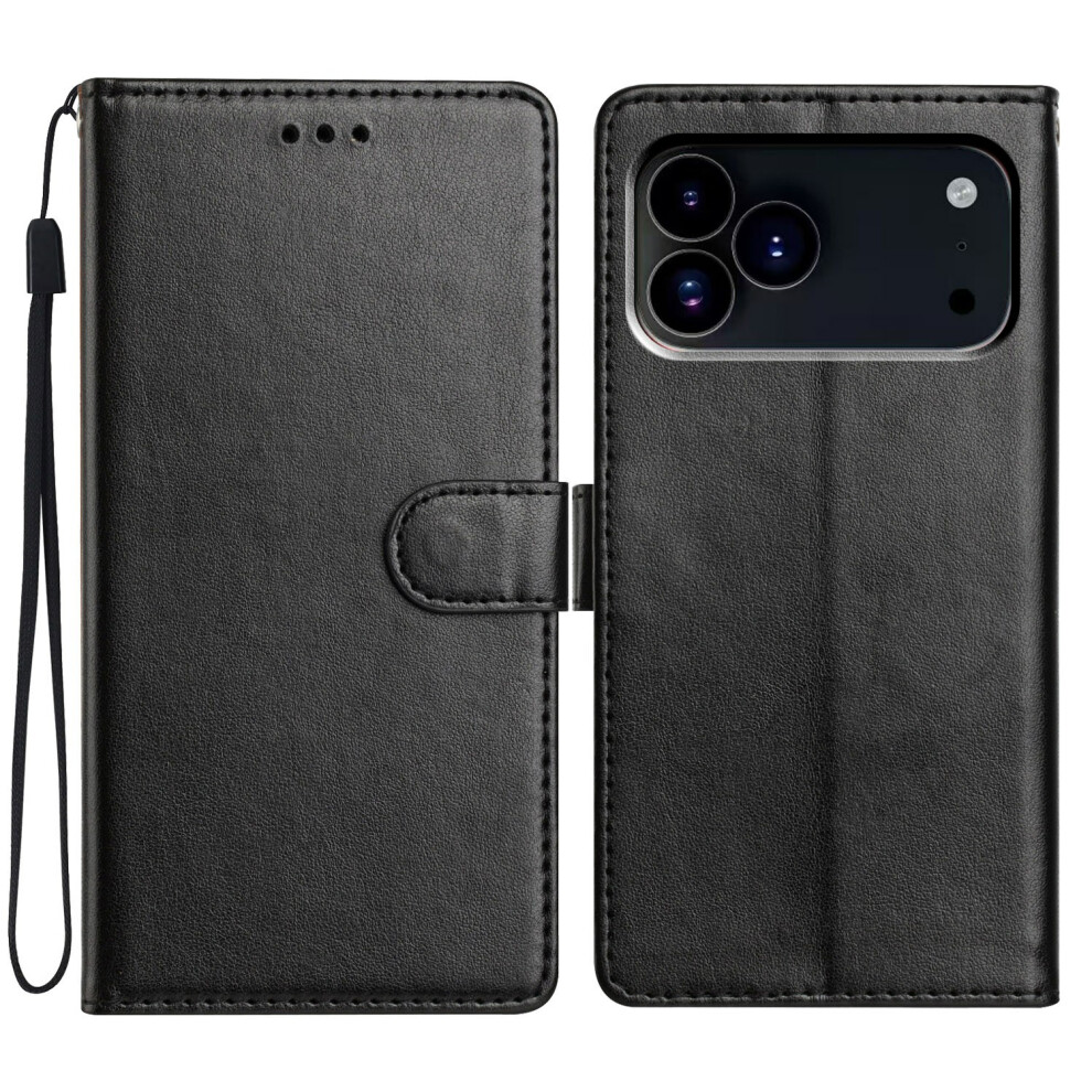 (Iphone 17 Pro Max, ) For Iphone 17 Pro Max Leather Case Wallet Stand Phone Cover With Handy Strap Black 6914287993679