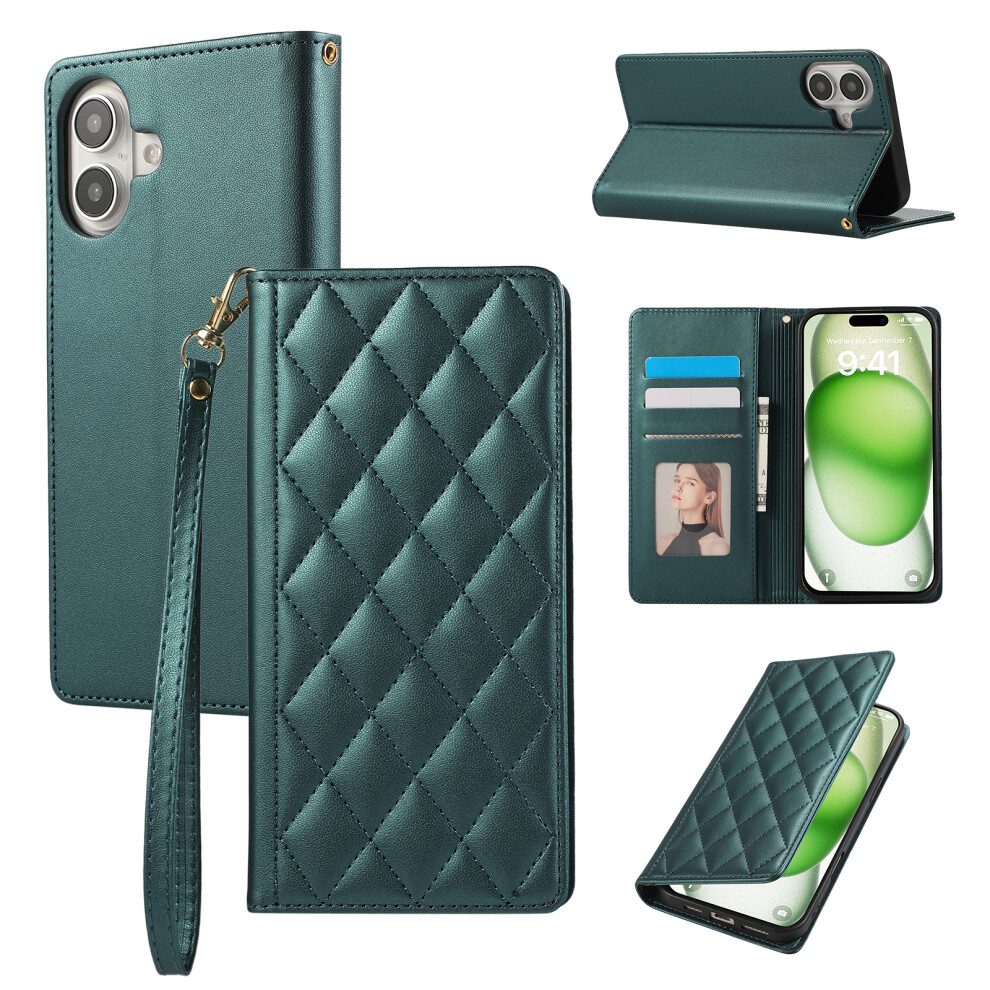 (Iphone 16, ) For Iphone 16 Case Rfid Blocking Wallet Stand Rhombus Leather Phone Cover With Wrist Strap Green 6914280896564