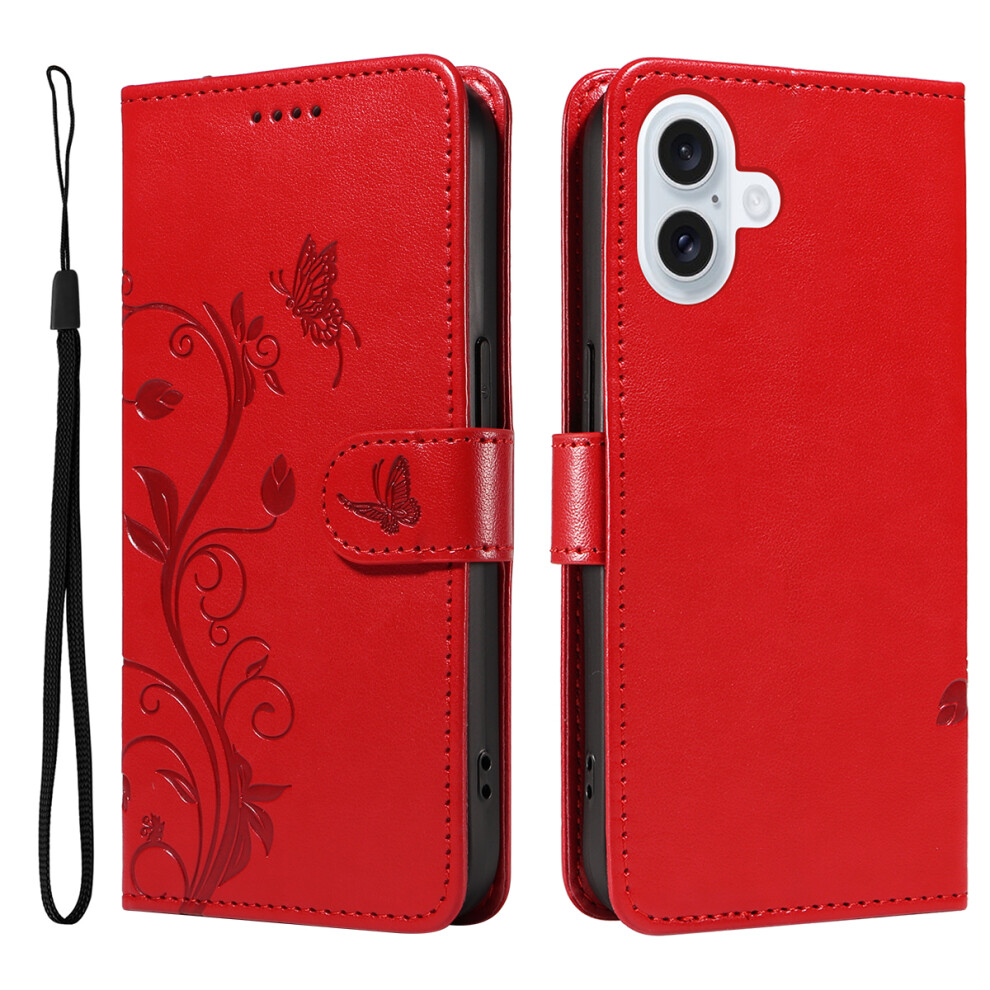 (Iphone 17, ) For Iphone 17 Pu Leather Cases Flower Pattern Wallet Stand Phone Cover With Strap Red 6914284016340