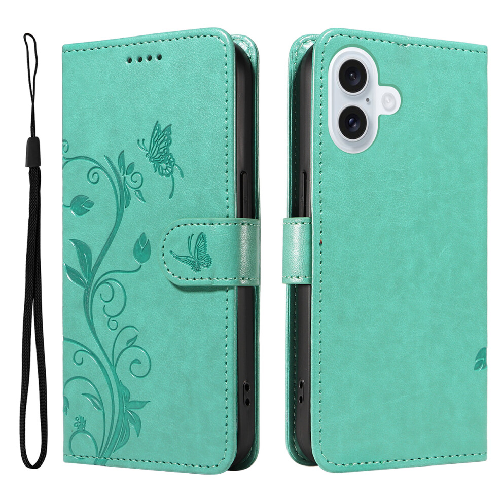 (Iphone 17, ) For Iphone 17 Pu Leather Cases Flower Pattern Wallet Stand Phone Cover With Strap Green 6914288493192