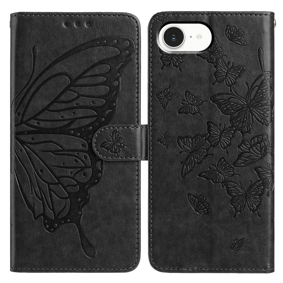 (Iphone 16E, ) For Iphone 16E Case Butterfly Imprinted Wallet Stand Pu Leather Flip Phone Cover With Strap Black 6914289122800