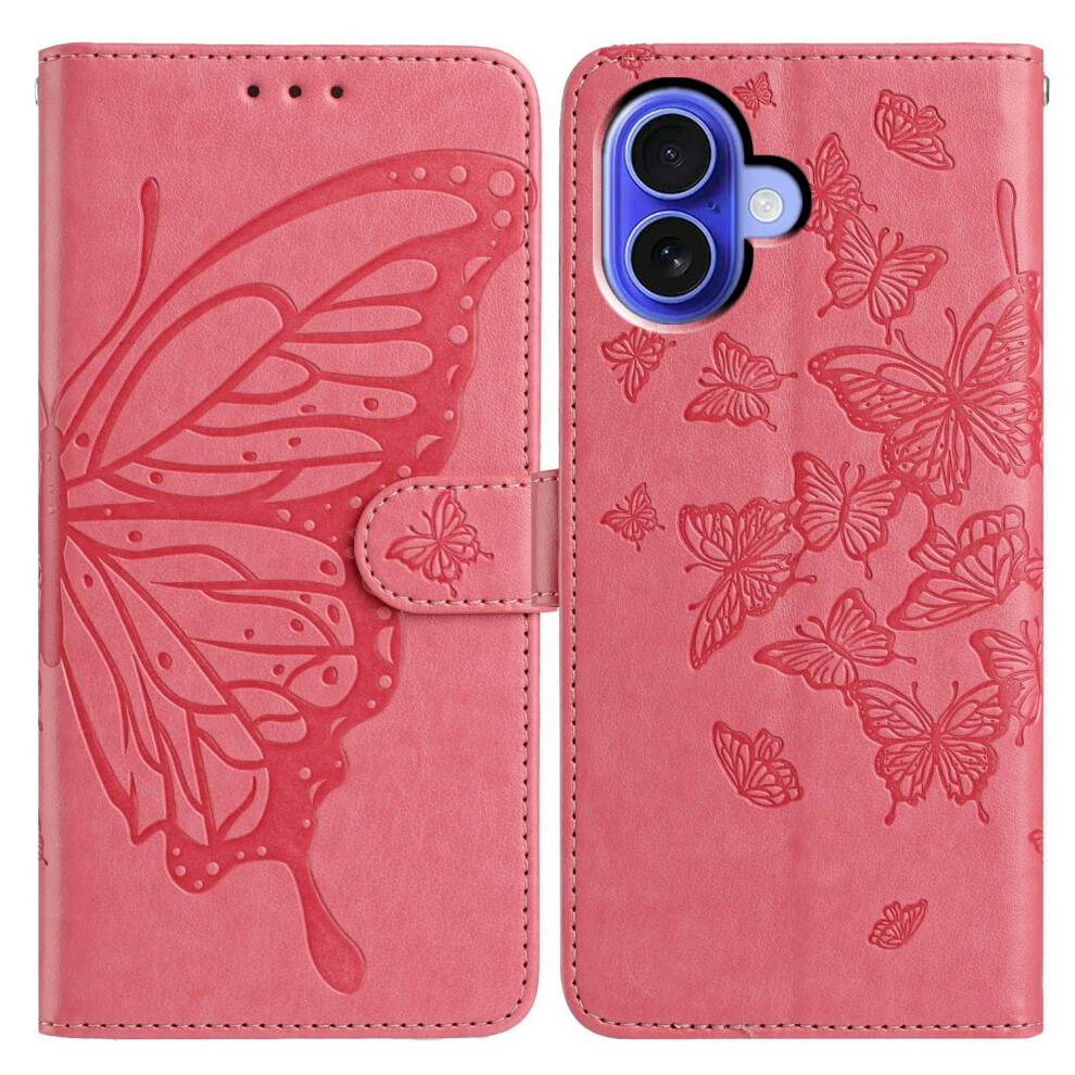 (Iphone 16, Rose) For Iphone 16 Case Butterfly Imprinted Wallet Stand Pu Leather Flip Phone Cover With Strap 6914281682302