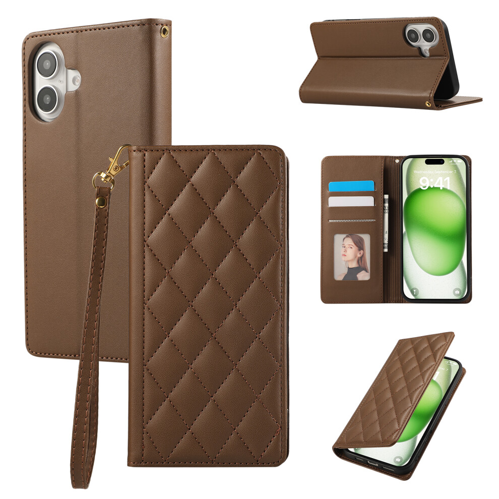 (Iphone 16, ) For Iphone 16 Case Rfid Blocking Wallet Stand Rhombus Leather Phone Cover With Wrist Strap Brown 6914288960304