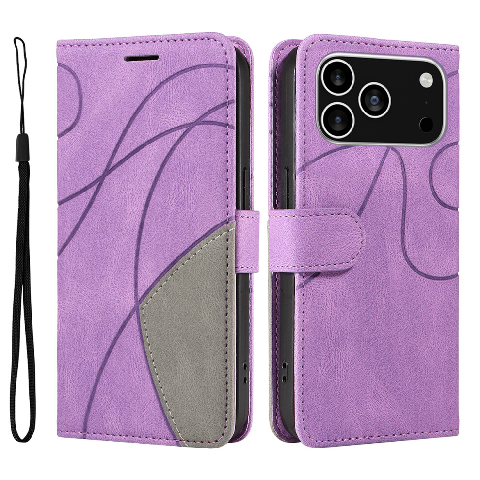 (Iphone 17 Pro, ) For Iphone 17 Pro Leather Phone Case Stand Wallet With Bi-Colour Splicing Design Purple 6914284404925