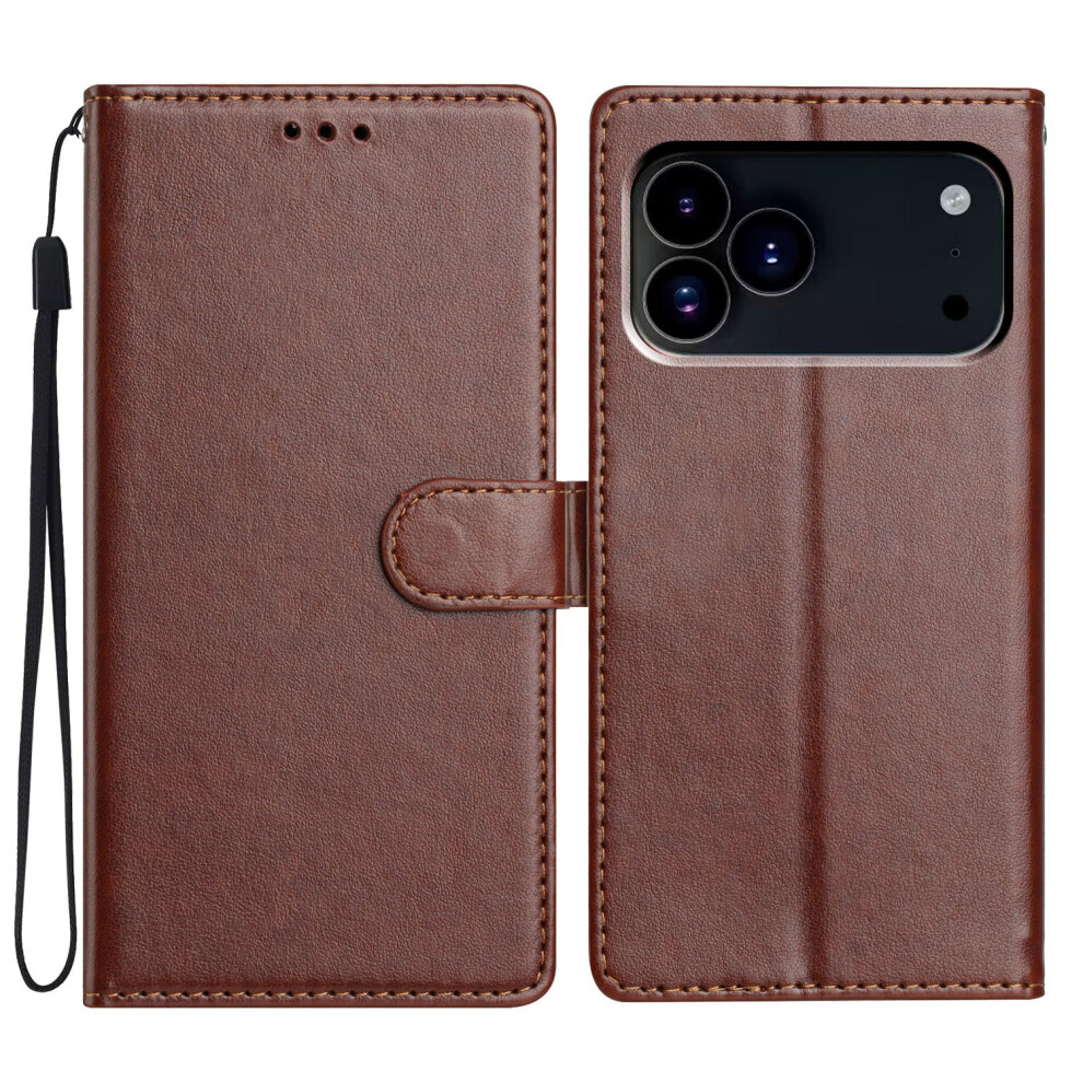 (Iphone 17 Pro Max, ) For Iphone 17 Pro Max Leather Case Wallet Stand Phone Cover With Handy Strap Brown 6914289528329