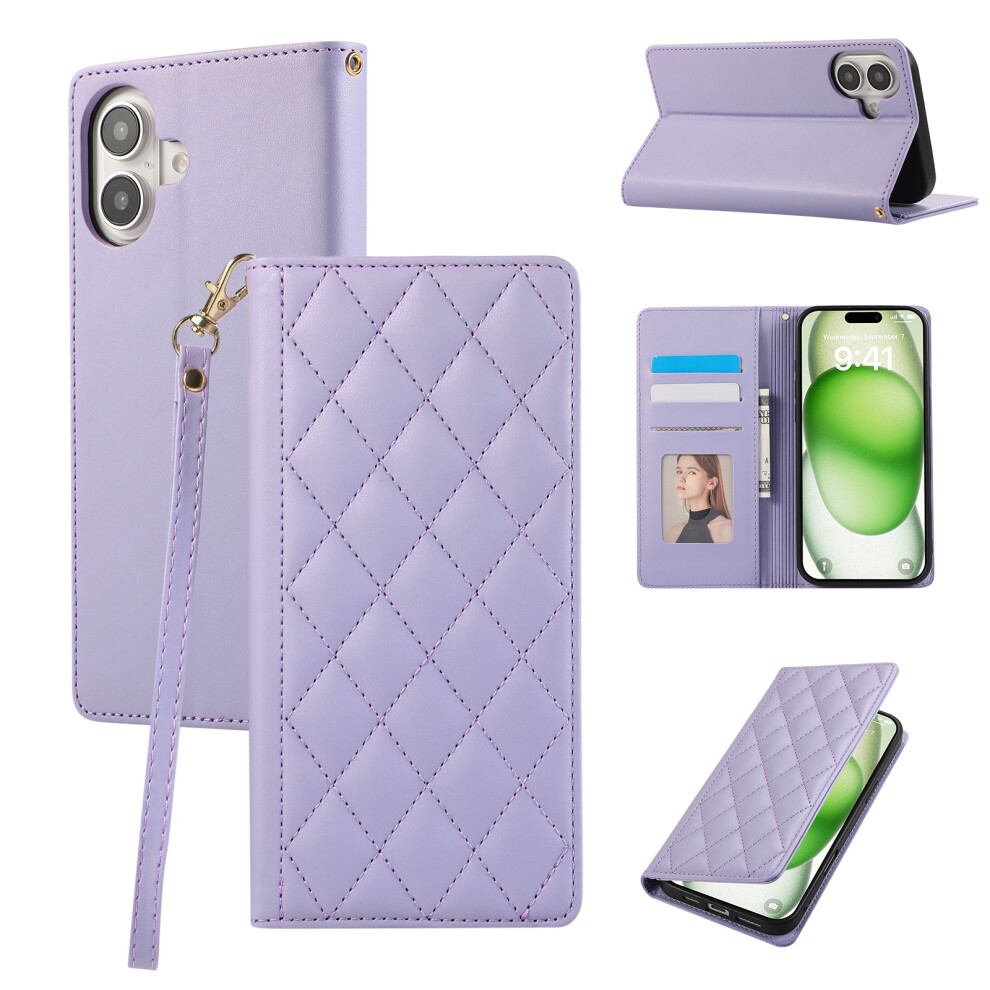 (Iphone 16, ) For Iphone 16 Case Rfid Blocking Wallet Stand Rhombus Leather Phone Cover With Wrist Strap Purple 6914282246114