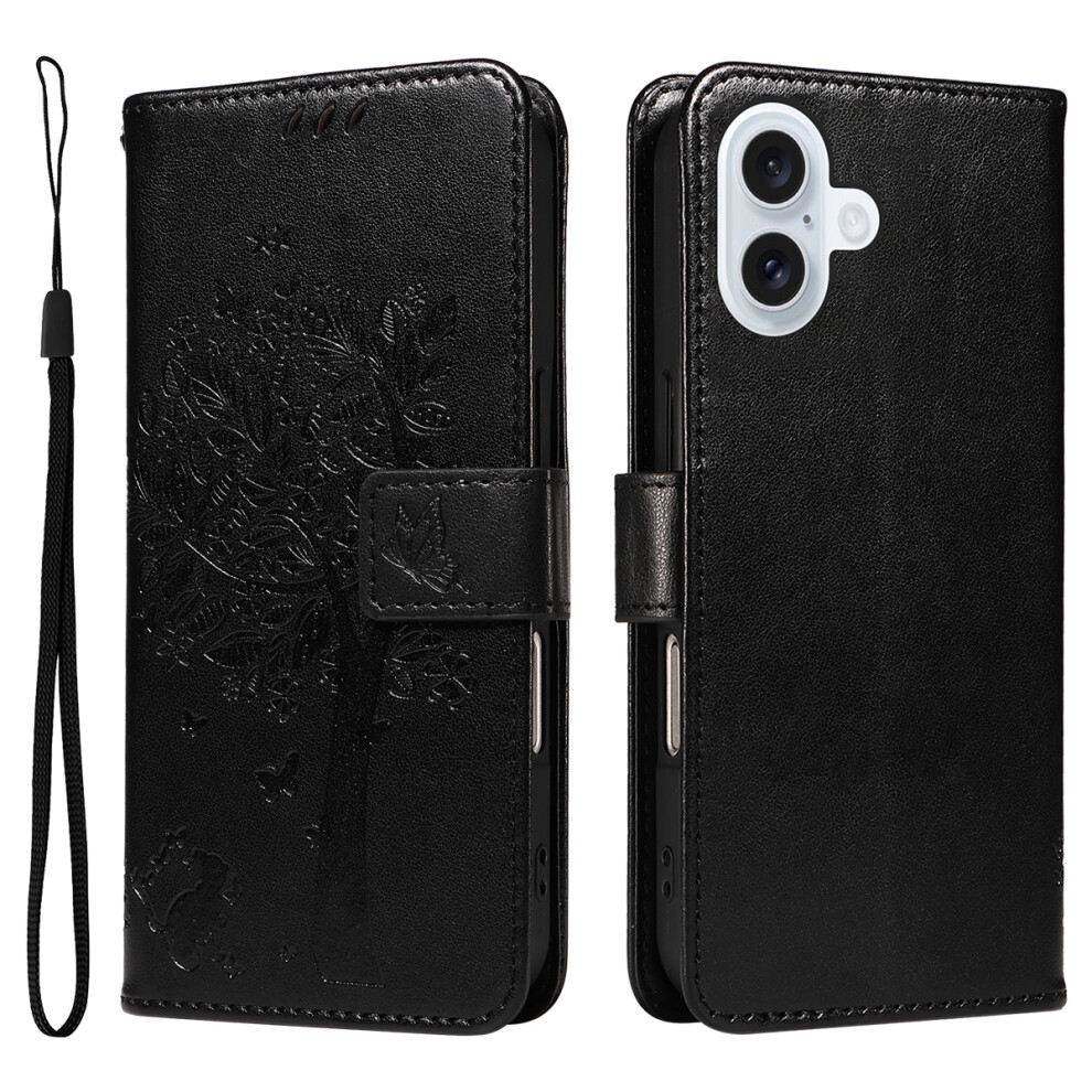 (Iphone 17, ) For Iphone 17 Phone Case With Stand Cat Tree Pattern Leather Wallet Mobile Cover Black 6914283095001