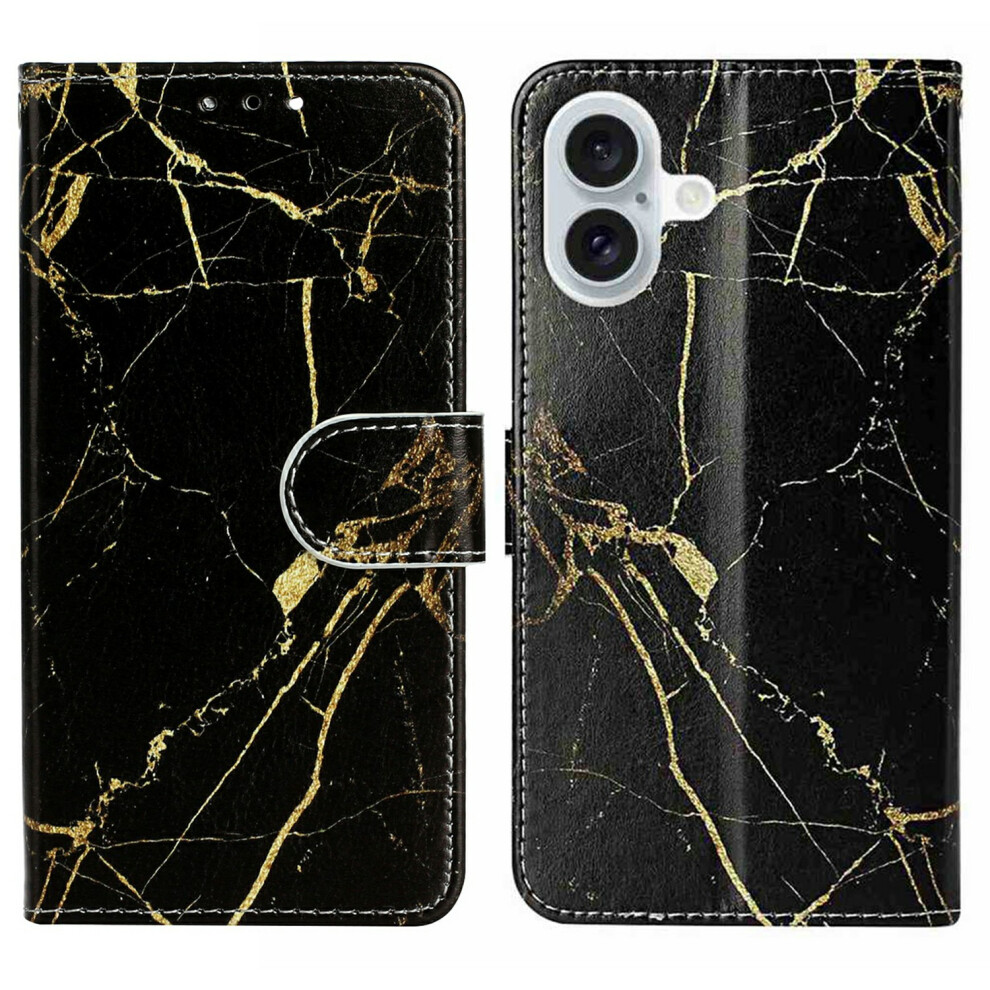 (Iphone 17, Black Gold Marble) For Iphone 17 Stand Case Marble Painted Folio Flip Leather Wallet Phone Cover Black,Gold 6914284795689
