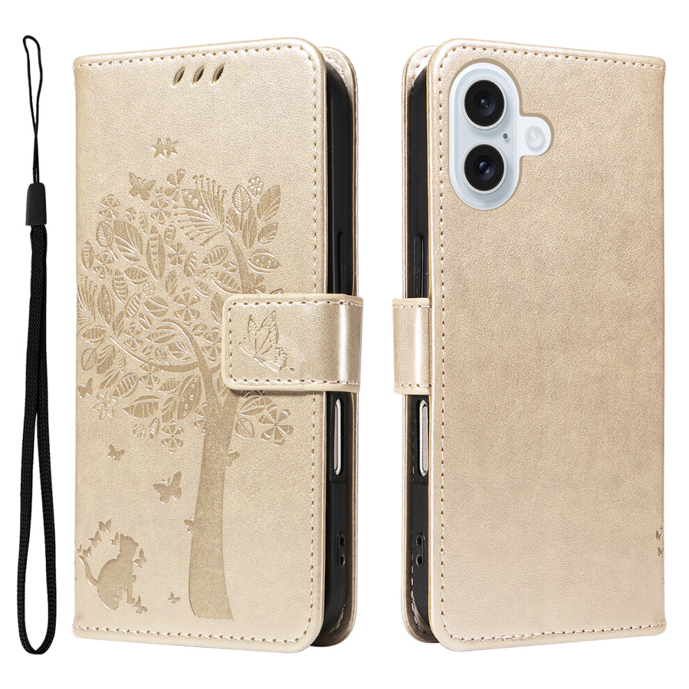 (Iphone 17, ) For Iphone 17 Phone Case With Stand Cat Tree Pattern Leather Wallet Mobile Cover Gold 6914282261537
