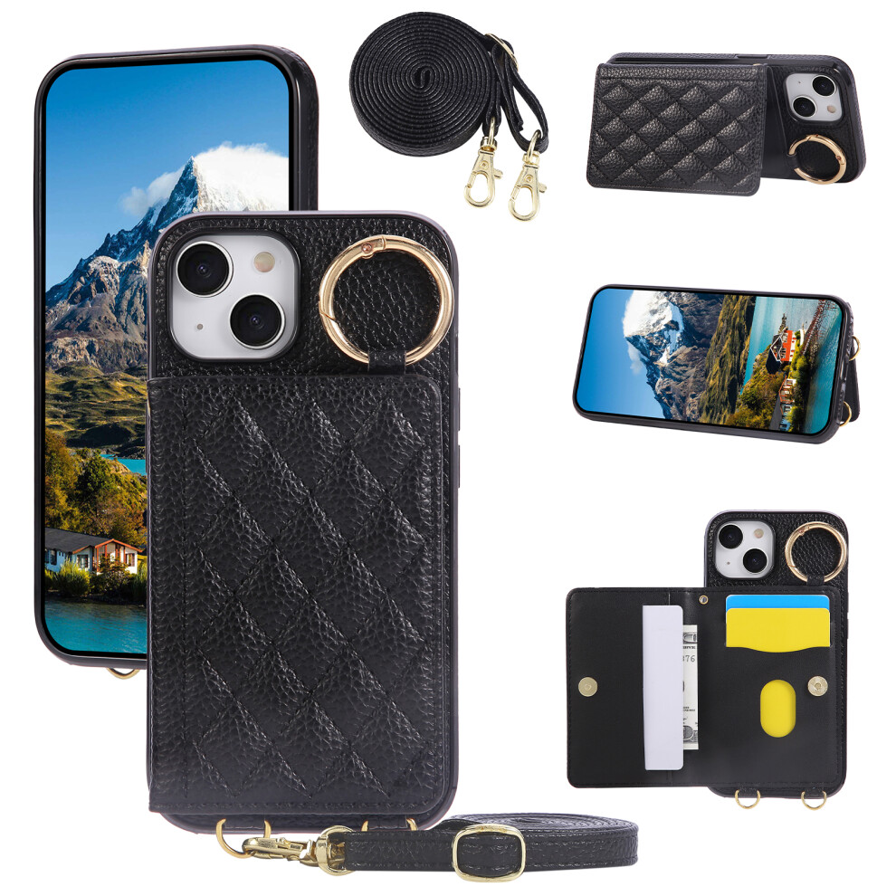 (Iphone 15, ) For Iphone 15 Case Kickstand Rhombus Leather+Tpu Phone Cover With Shoulder Strap Black 6914289849110