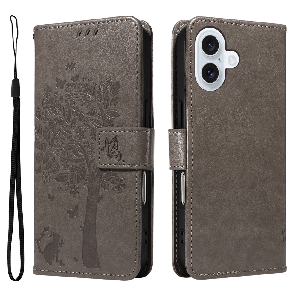 (Iphone 17, ) For Iphone 17 Phone Case With Stand Cat Tree Pattern Leather Wallet Mobile Cover Grey 6914280271101