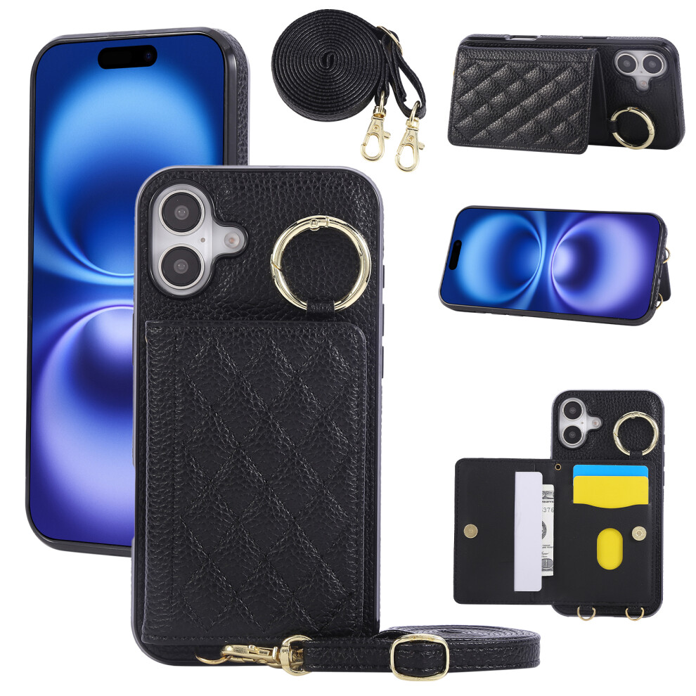 (Iphone 16, ) For Iphone 16 Case Kickstand Rhombus Leather+Tpu Phone Cover With Shoulder Strap Black 6914284065331
