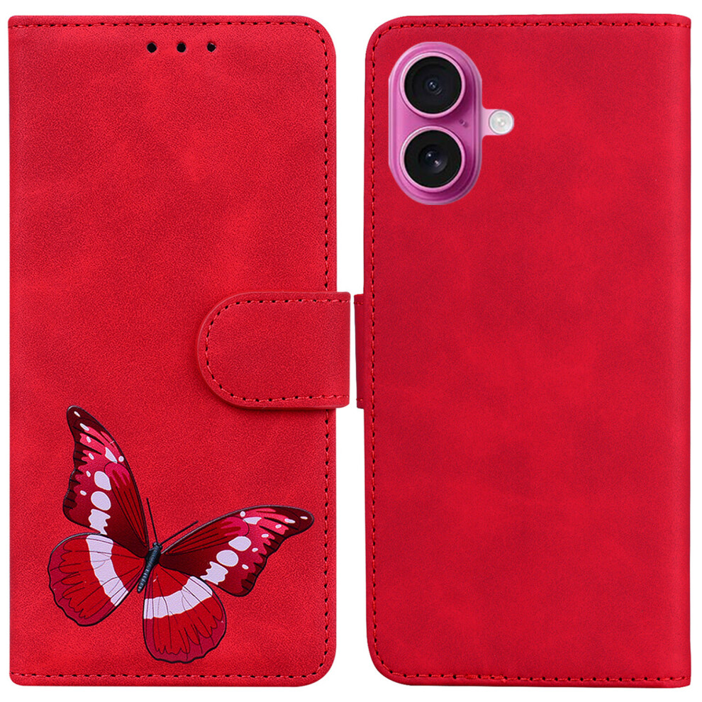 (Iphone 17, ) For Iphone 17 Stand Case Pu Leather Phone Cover Butterfly Printed Red 6914285091841
