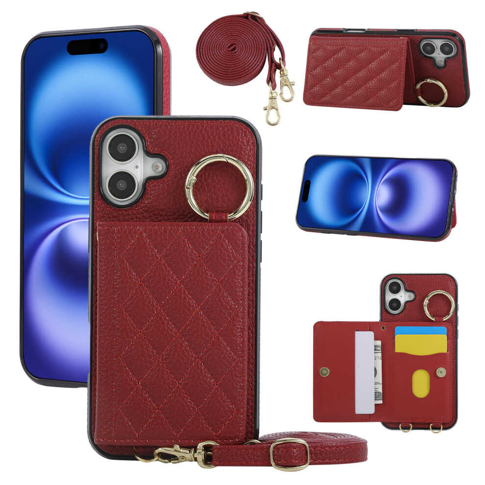 (Iphone 16, ) For Iphone 16 Case Kickstand Rhombus Leather+Tpu Phone Cover With Shoulder Strap Red 6914287289611