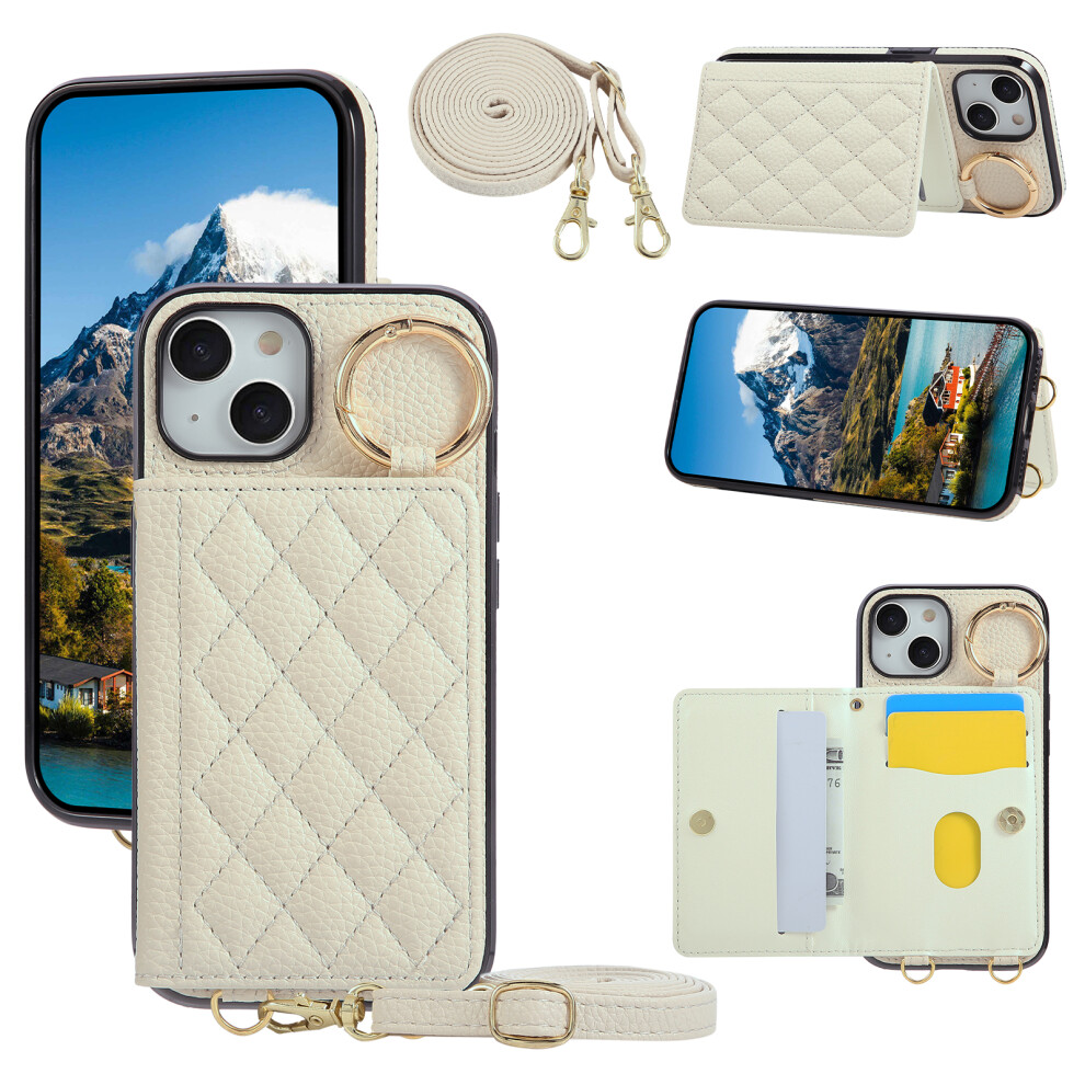 (Iphone 15, Beige) For Iphone 15 Case Kickstand Rhombus Leather+Tpu Phone Cover With Shoulder Strap Cream 6914282462156