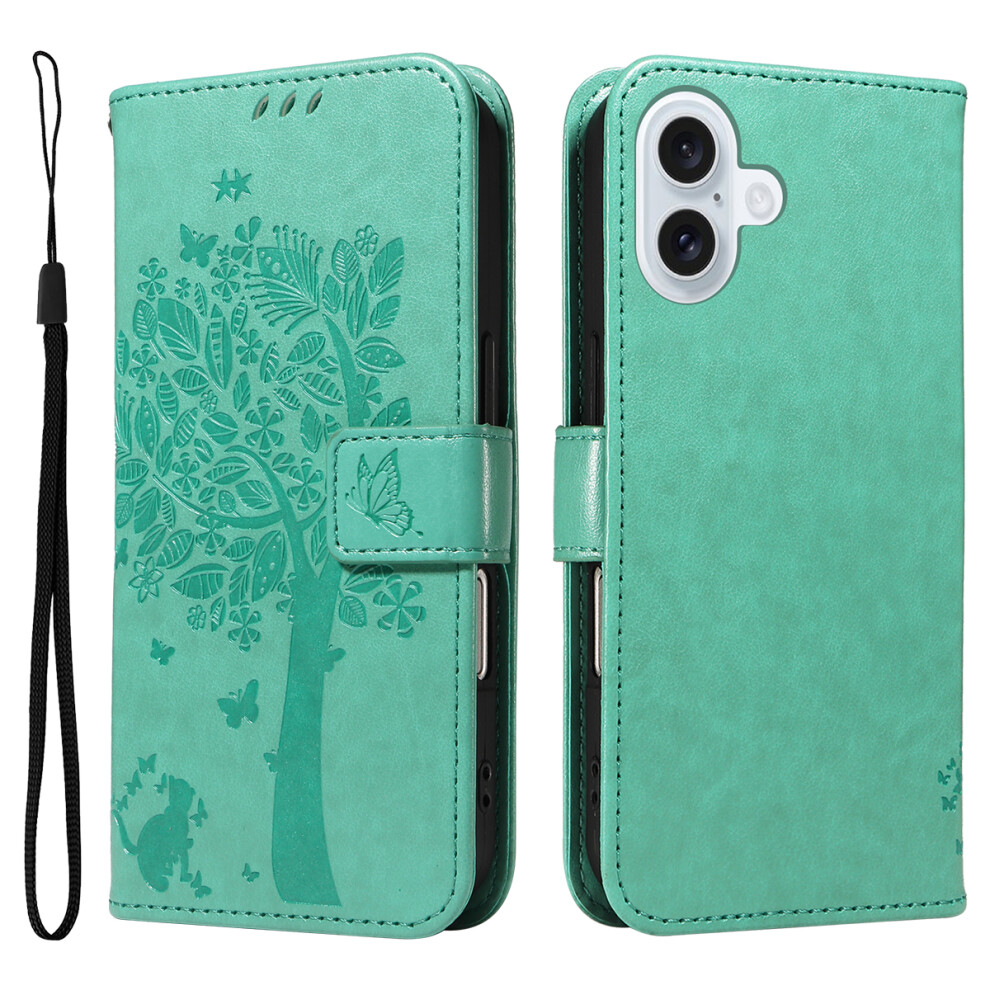 (Iphone 17, ) For Iphone 17 Phone Case With Stand Cat Tree Pattern Leather Wallet Mobile Cover Green 6914285280337